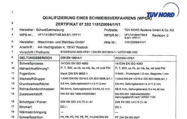 Qualifizierung eines Schweissverfahrens (WPQR)